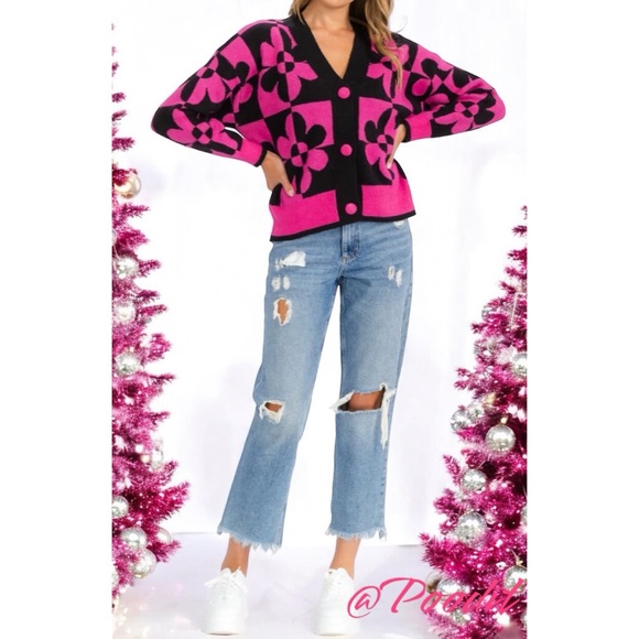 ENTRO Cute fuchsia and black cardigan S M L - Picture 2 of 7